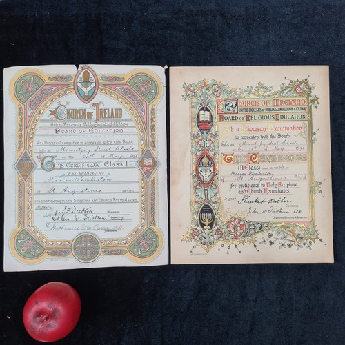 177 - Two intriguing antique Church of Ireland certificates awarded for proficiency in Holy Scripture and ... 