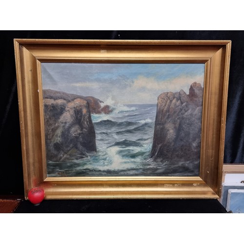 71 - A large wonderful oil on canvas painting. Features a dramatic sea. Rendered in gestural brushstrokes... 