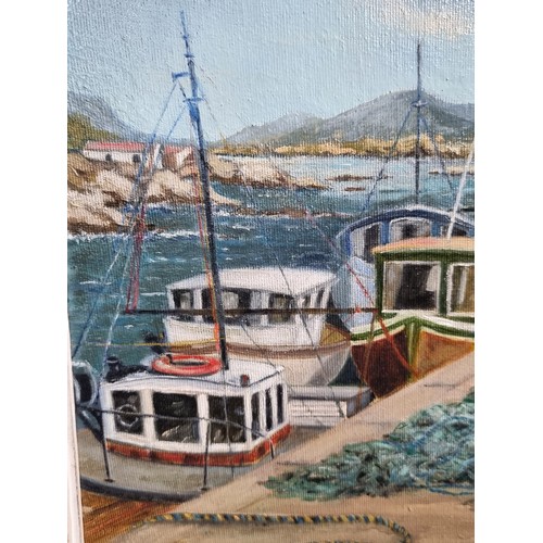 81 - An original handsome oil on canvas painting. Features a complex harbour scene with fishing boats, co... 