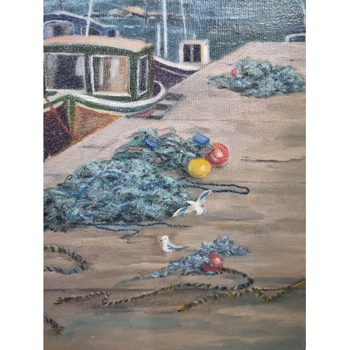 81 - An original handsome oil on canvas painting. Features a complex harbour scene with fishing boats, co... 