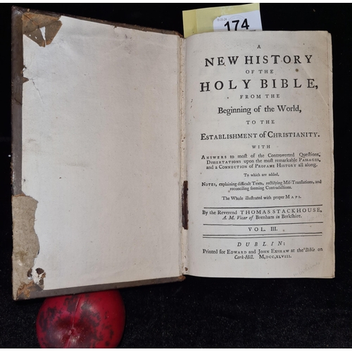 174 - An intriguing leather bound antique hardback book titled ' A New History of The Holy Bible, From The... 