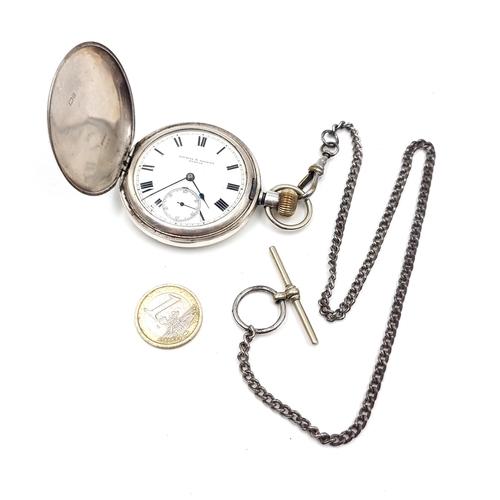 16 - A very nice sterling silver hallmarked London hunter pocket watch. Watch with white enamel face and ... 