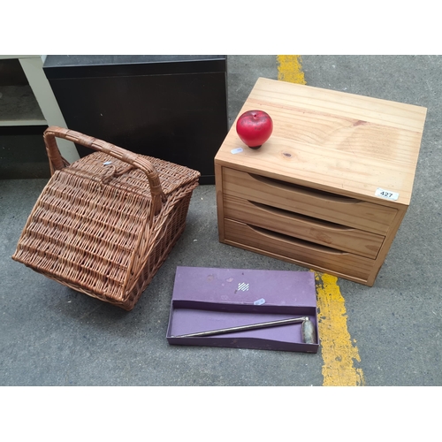 427 - Mid-Century Modern style side table comes with wooden dividers and a drawer. It has a matte black fi... 