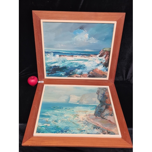 66 - Star Lot: A pair of original impasto oil on board paintings featuring remote cliffside coastal scene... 