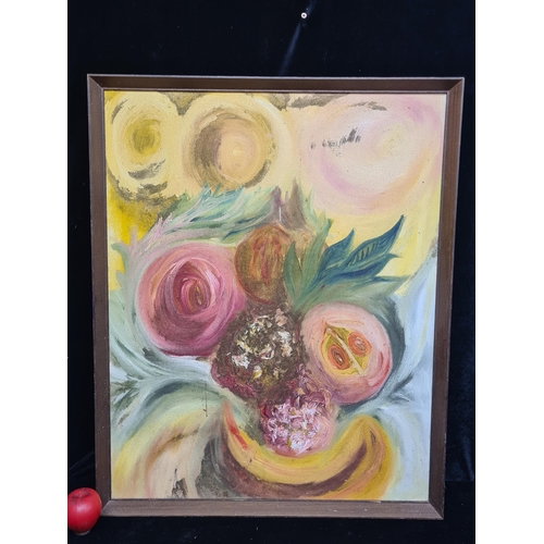 70 - A large original oil on canvas painting. Features an expressionist still life of fruits. Rendered in... 