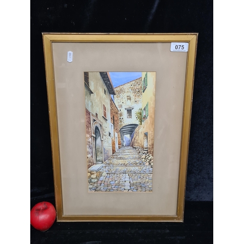 75 - An original watercolour on paper painting portraying a Mediterranean side street with cobbled stones... 