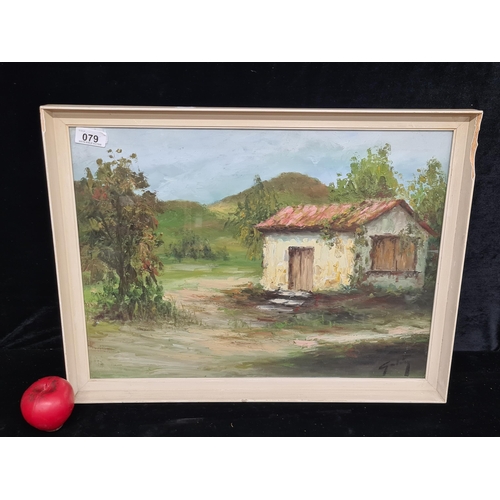 79 - A beautiful oil on board painting featuring a cottage landscape. Rendered in thick impasto and earth... 