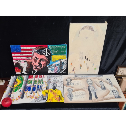 80 - A set of four original acrylic on board paintings. Two featuring political subjects including Nelson... 