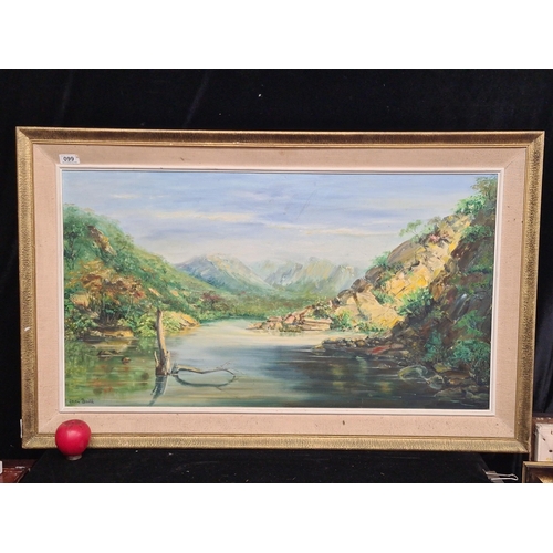 99 - A brilliant large oil on panel board painting. Features a serene landscape with lush foliage and gre... 