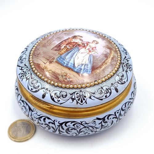 938 - Star Lot : A pretty vintage hinged dish set with a gilded rim and seed pearl inlay surround, depicti... 