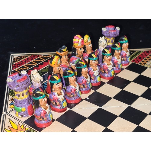 117 - A vintage Aztec Mayan Incas vs. Spanish Conquistadors portable chess set. A very cool piece.