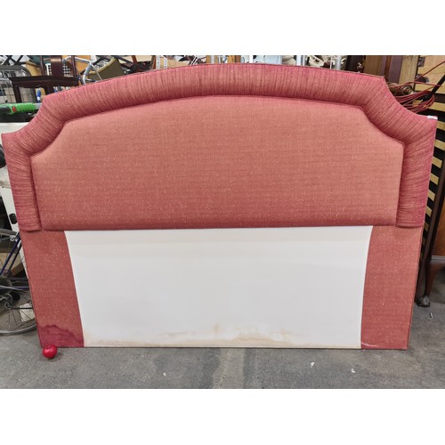 998 - A large traditional style headboard upholstered in a muted red fabric contrasted with beige speckles... 