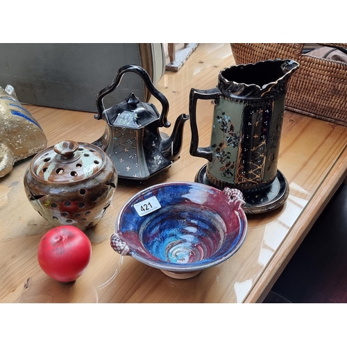 421 - Five pieces of vibrant ceramics including two pieces of art studio pottery and three pieces of Victo... 