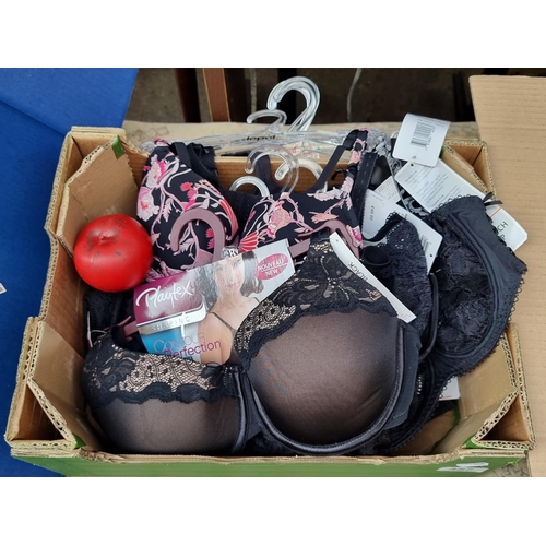 457 - A box containing 9 brand new ladies bras, all with tags including brands such as Lepel and Triumph. ... 