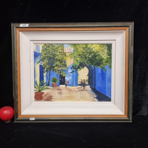 100 - A bright original oil on board painting featuring a Mediterranean scene with vivid Yves Klein blue w... 