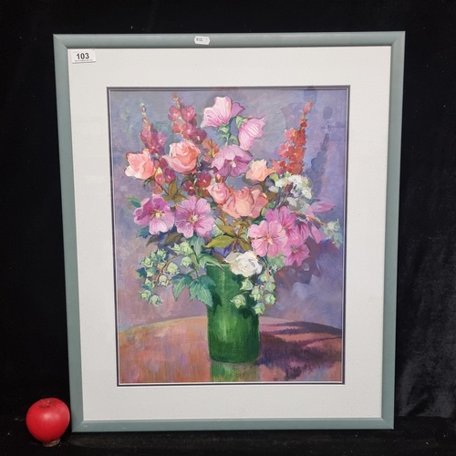 103 - A wonderfully colourful gouache on paper painting featuring a still life of flowers in a vase. Rende... 