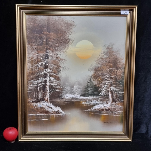 104 - A tranquil original oil on canvas painting featuring a wintery landscape scene. Rendered in delicate... 