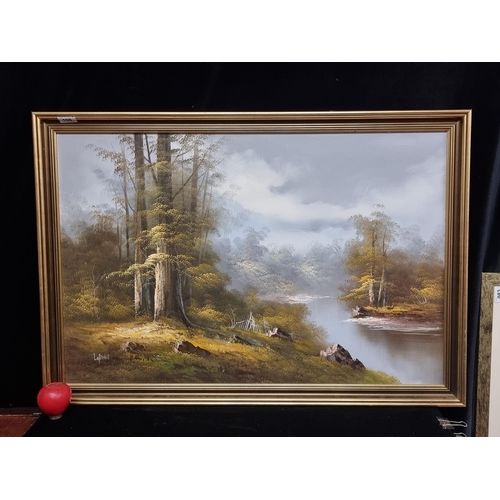 108 - A large original oil on canvas painting featuring a Spring riverside landscape scene. Nice achieveme... 