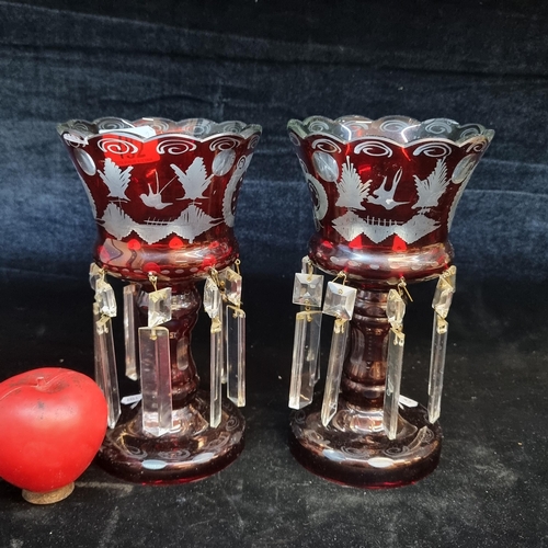 132 - A pair of gorgeous vintage Victorian style cranberry Bohemian glass mantel lusters with hanging sun ... 