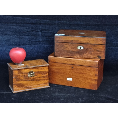 145 - Three lovely wooden antique boxes. One features nice dove tail joinery and one features Mother of Pe... 