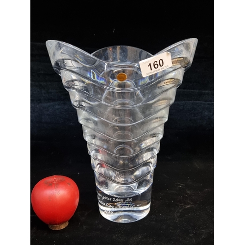 160 - A stunning large heavy Tipperary Crystal tiered vase with personalized inscription to base. Nice wei... 