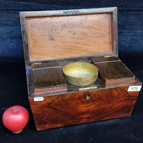 173 - Star Lot : A gorgeous antique walnut tea caddy featuring an intricately engraved brass measure bowl.... 