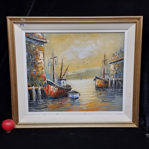 75 - An original oil on canvas board painting. Features a vibrant harbour scene with boats during golden ... 