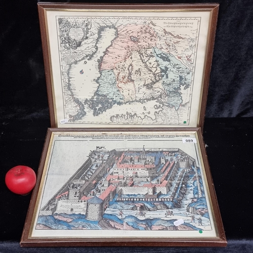 89 - Two vintage prints of antique maps including a 1533 map of German castle.