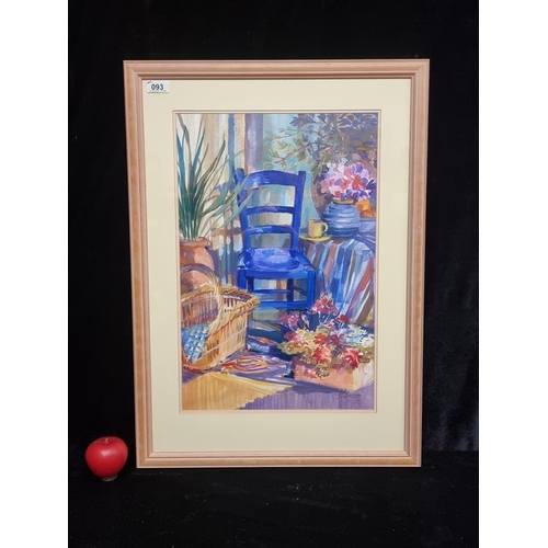 93 - A charming gouache on paper painting. Features a bright interior still life with blue chair. Signed ... 