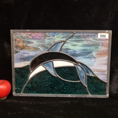 96 - A gorgeous stained glass panel artwork featuring an Orca whale with Flemish and lustre glass.