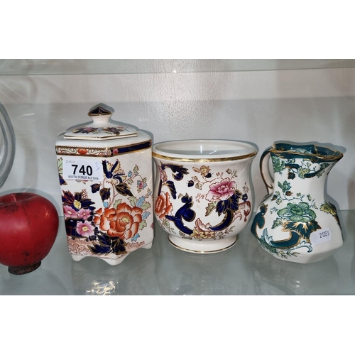 740 - A Mason’s Mandalay Ironstone set, including a lidded jar, planter, and jug, featuring vibrant floral... 