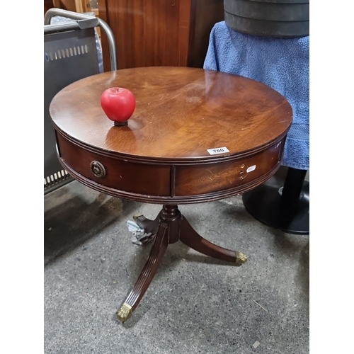 760 - Regency-style drum table, mahogany with brass paw feet and fixtures, single drawer. Ideal for tradit... 