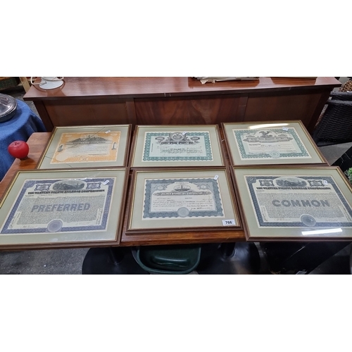 766 - Collection of six framed vintage stock certificates from various corporations, dating from the early... 