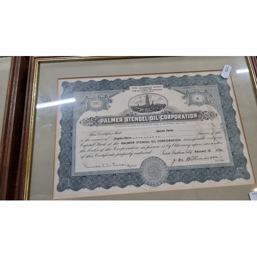 766 - Collection of six framed vintage stock certificates from various corporations, dating from the early... 