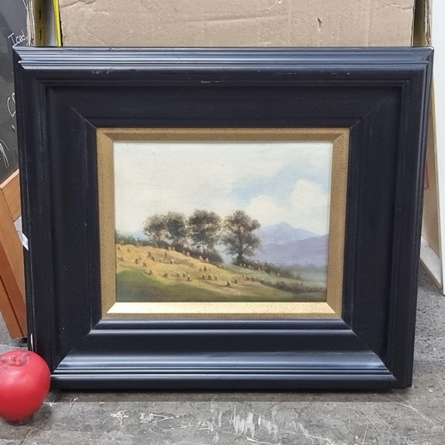 883 - Star Lot: An enchanting original oil on board painting. Features a quaint landscape with green field... 