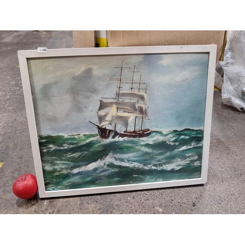 902 - A wonderful original oil on board painting titled 'Frigate on High Seas'. Features a cutter ship on ... 