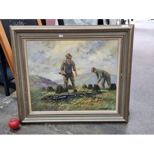 910 - Star Lot: A large original oil on canvas painting titled ' Stacking Turf' after well known artist Jo... 