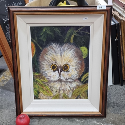 911 - A delightful oil on canvas painting. Features a fledgling Owl between leaves. Delicately rendered in... 