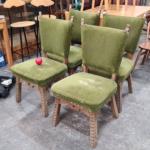 810 - Set of 4 vintage dining chairs with carved wooden frames and olive green velvet upholstery, adorned ... 