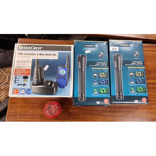 825 - Three new boxed electronic items: 1) SilverCrest PMR Twintalker 2-Way Radio Set, 8 km range, perfect... 