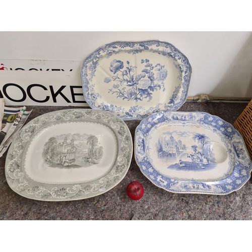 980 - Three very large 19th century serving platers, in Good order including two blue and white examples.