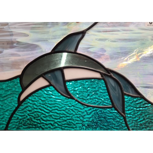 96 - A gorgeous stained glass panel artwork featuring an Orca whale with Flemish and lustre glass.