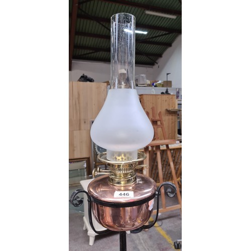 446 - Star Lot : An excellent handmade antique style oil lamp featuring copper reservoir and glass chimney... 