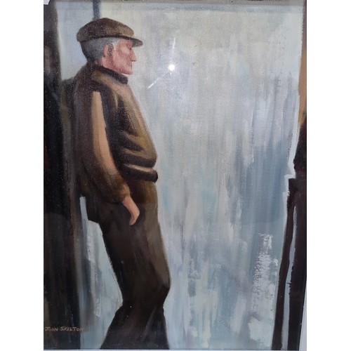 884 - Super Star Lot :  A large original John Skelton oil on board painting titled ' Waiting for a shower ... 