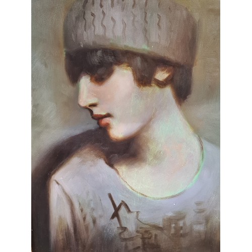 888 - An original striking oil on canvas painting. Features a portrait study. Rendered in soft tones with ... 