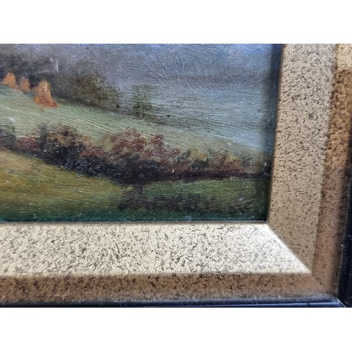 883 - Star Lot: An enchanting original oil on board painting. Features a quaint landscape with green field... 