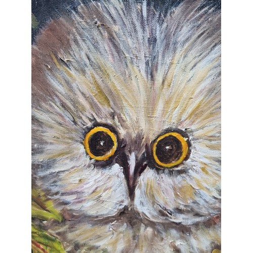 911 - A delightful oil on canvas painting. Features a fledgling Owl between leaves. Delicately rendered in... 