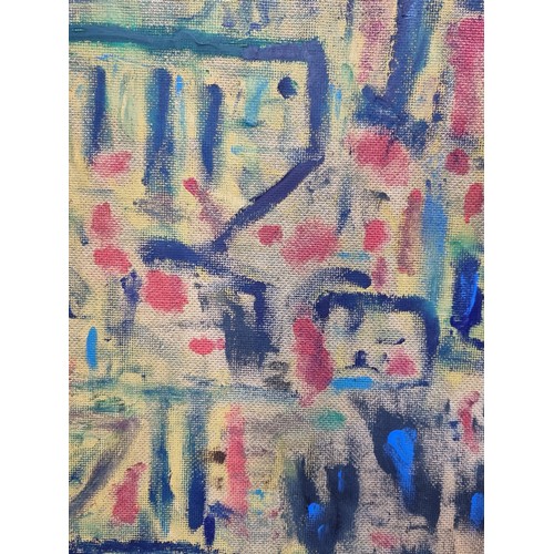 912 - A large Irish School oil on canvas board painting. Features abstract lines and shapes. Rendered in b... 