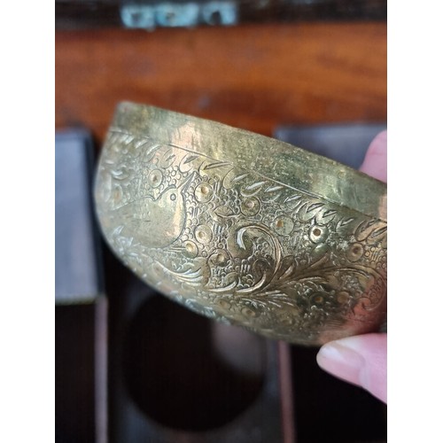 173 - Star Lot : A gorgeous antique walnut tea caddy featuring an intricately engraved brass measure bowl.... 