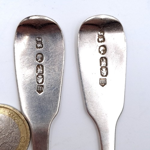 502 - Two Irish silver Victorian teaspoons. (Dated - 1857) Lengths - 15 cms. Total weight - 53.5 grams.